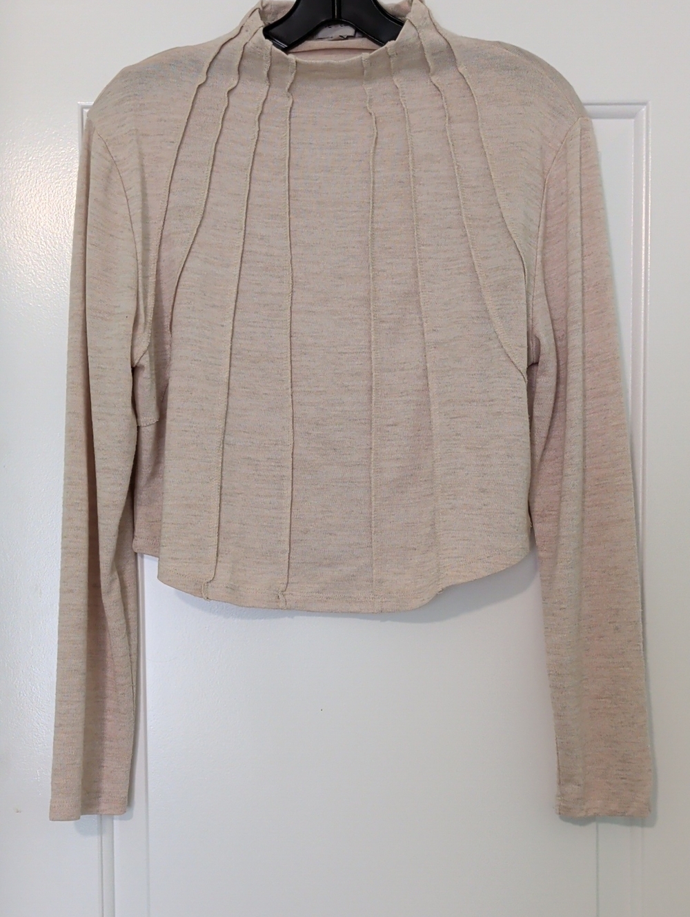 Cropped Mock Neck Long Sleeve Top - Beige